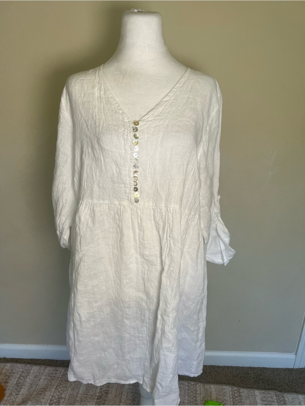 LEA&LUC White Linen A-Line Dress V-Neck 3/4 Sleeve Button Knee NWT